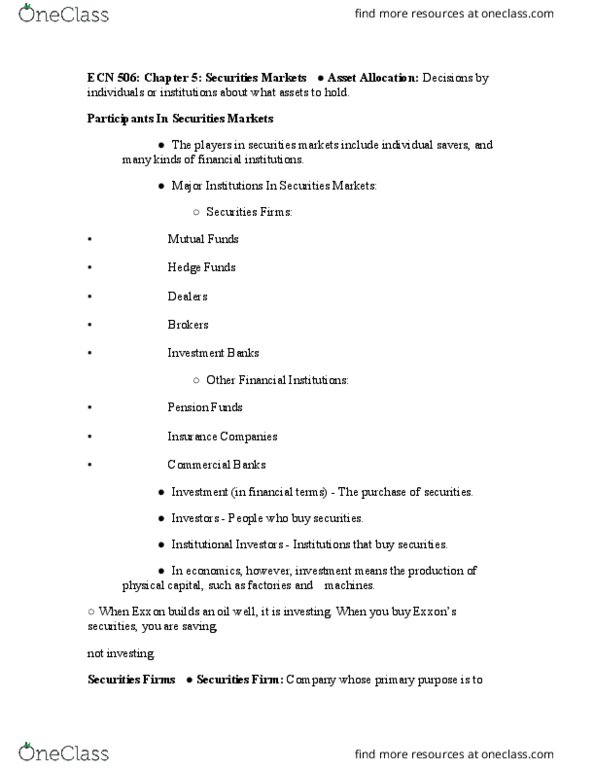 ECN 506 Lecture Notes - Lecture 5: Initial Public Offering, Over-The-Counter (Finance), Mutual Fund thumbnail