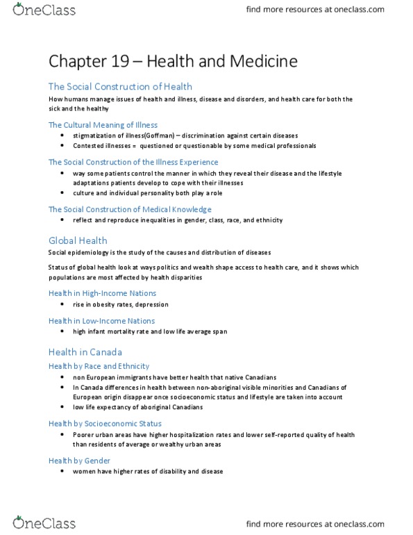 SOCI 1002 Chapter Notes - Chapter 19: Global Health, Social Epidemiology, Infant Mortality thumbnail