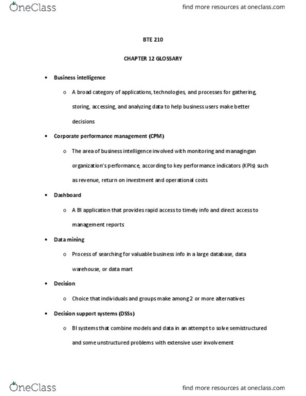 BTE 210 Lecture Notes - Lecture 7: Business Performance Management, Direct-Sequence Spread Spectrum, Data Mart thumbnail