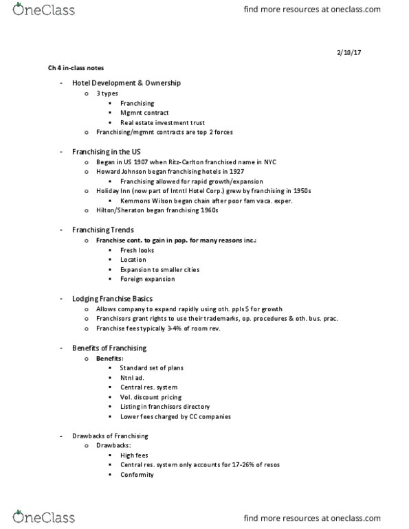 RECR 250 Lecture Notes - Lecture 4: Kemmons Wilson, Franchising, Forbes Travel Guide thumbnail