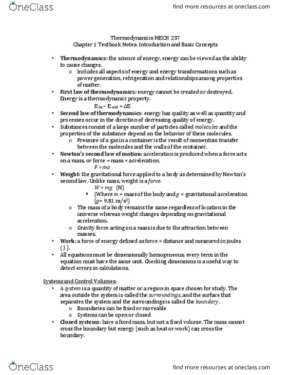 MECH 237 Chapter Notes - Chapter 1: Intensive And Extensive Properties, Thermal Equilibrium, Phase Rule thumbnail