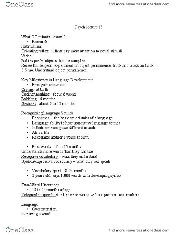 PSYC 241 Lecture Notes - Lecture 15: Object Permanence, Habituation, Psych thumbnail