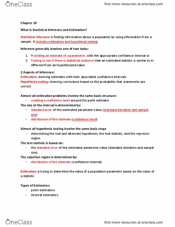 MGMT 1050 Chapter Notes - Chapter 10: Bias Of An Estimator, Confidence Interval, Point Estimation thumbnail