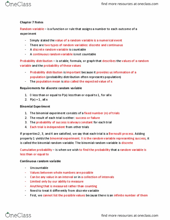 MGMT 1050 Chapter Notes - Chapter 7: Continuous Or Discrete Variable, Random Variable, Standard Deviation thumbnail