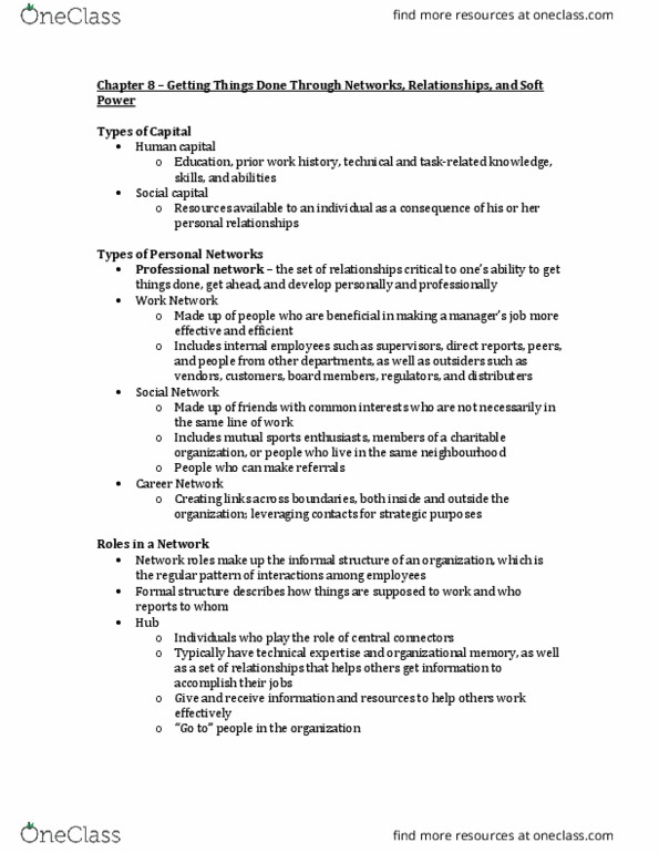 ADMN 2010H Chapter Notes - Chapter 8: Getting Things Done, Professional Network Service, Social Capital thumbnail