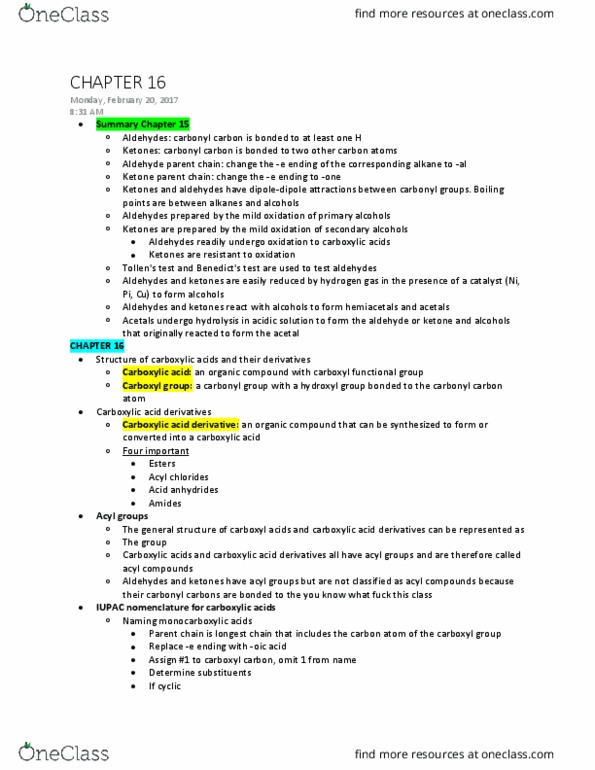 CHEM 102 Lecture Notes - Lecture 15: Parent Structure, Aldehyde, Ketone thumbnail