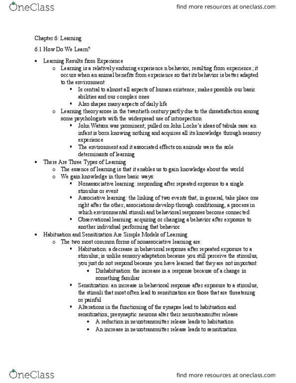 PSYCH 1000 Chapter Notes - Chapter 6.1-6.2: Learning, Tabula Rasa, Neural Adaptation thumbnail