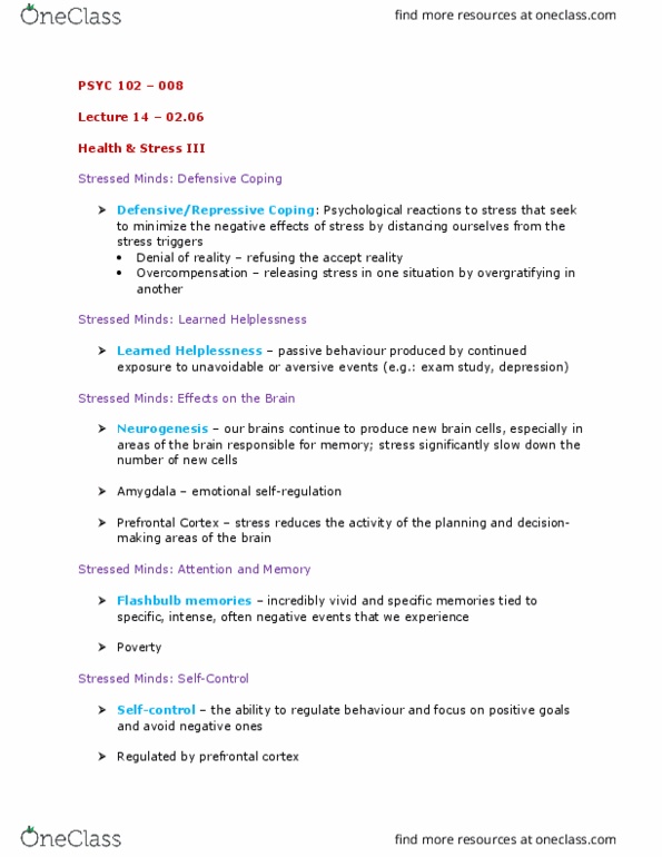 PSYC 102 Lecture Notes - Lecture 14: Prefrontal Cortex, Learned Helplessness, Neurogenesis thumbnail