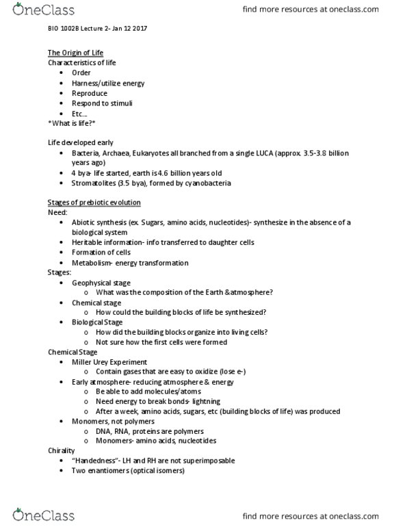 Biology 1002B Lecture Notes - Lecture 2: Homochirality, Abiogenesis, Antiemetic thumbnail