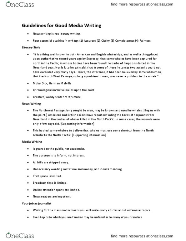 JRNL 201 Lecture Notes - Lecture 3: Northwest Passage, Herman Melville, Jargon thumbnail