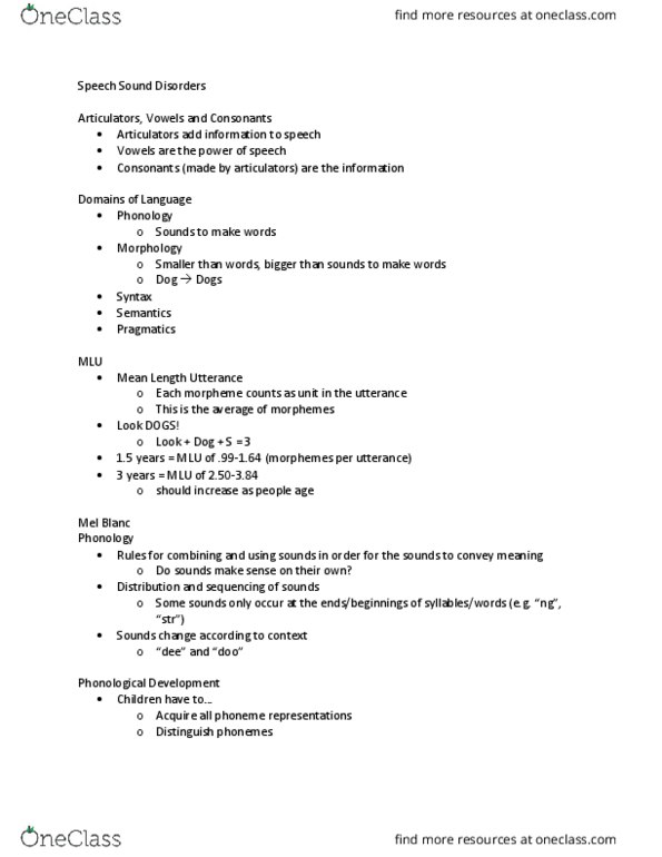 SLHS 1150 Lecture Notes - Lecture 8: Speech Sound Disorder, Motor Speech Disorders, Mel Blanc thumbnail