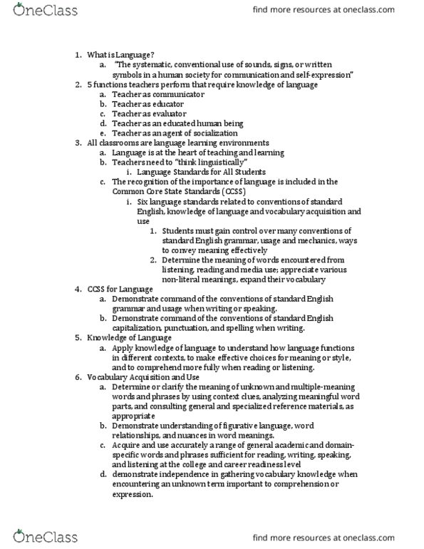 ENG 382 Lecture Notes - Lecture 2: Common Core State Standards Initiative, Language Acquisition, Bound And Unbound Morphemes thumbnail