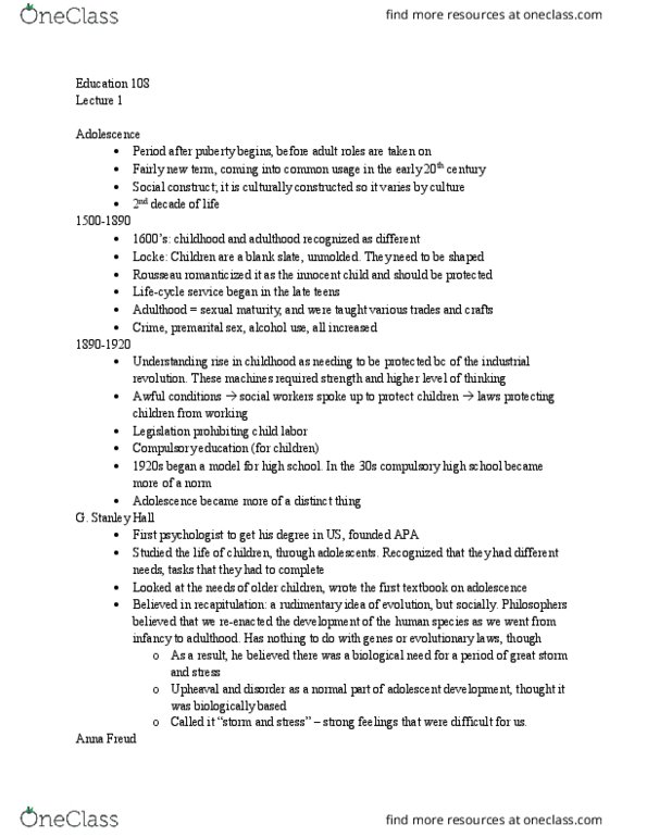 EDUC 108 Lecture Notes - Lecture 1: Tabula Rasa, Premarital Sex, Industrial Revolution thumbnail