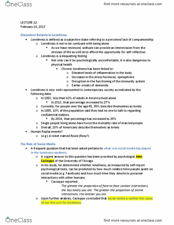 SOC SCI H1F Lecture Notes - Lecture 12: John T. Cacioppo, Elite, Married People thumbnail