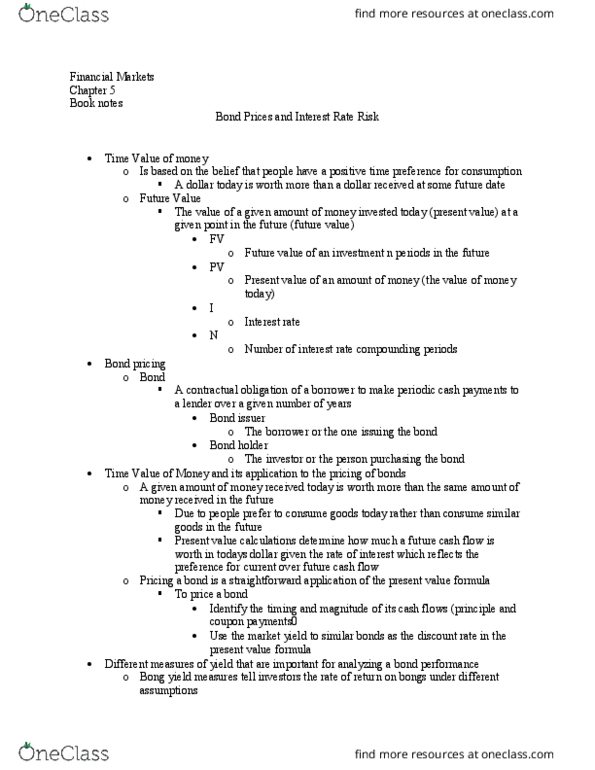 FIN 350 Chapter Notes - Chapter 5: Interest Rate Risk, Cash Flow, Time Preference thumbnail