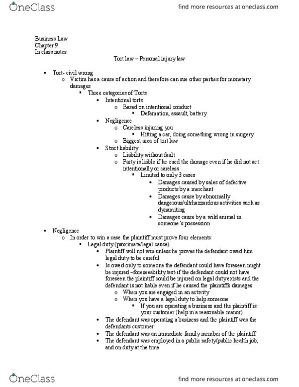 LW 221 Lecture Notes - Lecture 3: Personal Injury, Strict Liability, Damages thumbnail