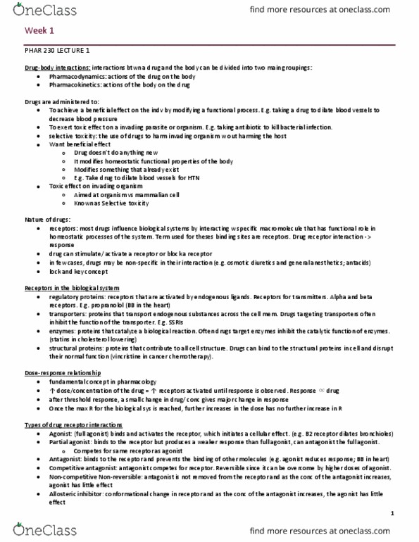 PHAR 230 Lecture Notes - Lecture 1: Agonist, Partial Agonist, Bradykinin Receptor B2 thumbnail