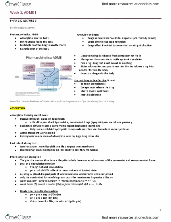 PHAR 230 Lecture Notes - Lecture 3: Lipophilicity, Acid Dissociation Constant, Facilitated Diffusion thumbnail