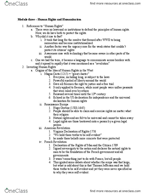 INTLSTD 101 Lecture Notes - Lecture 8: Hugo Grotius, Eleanor Roosevelt, Lynn Hunt thumbnail
