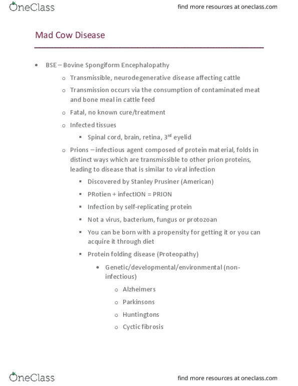 MICROBIO 140P Lecture Notes - Lecture 7: Bovine Spongiform Encephalopathy, Stanley B. Prusiner, Transmissible Spongiform Encephalopathy thumbnail