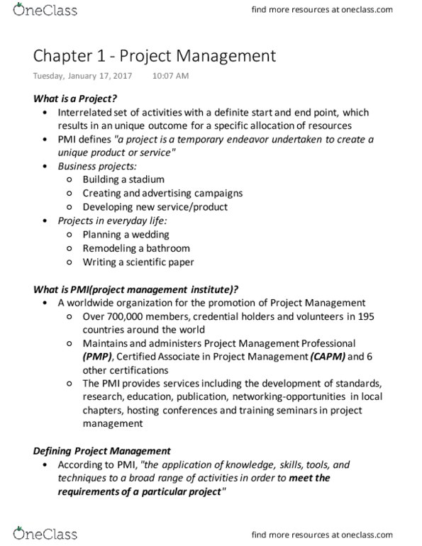 GMS 450 Chapter Notes - Chapter 1: Project Management Institute, Project Management, Playstation 3 thumbnail