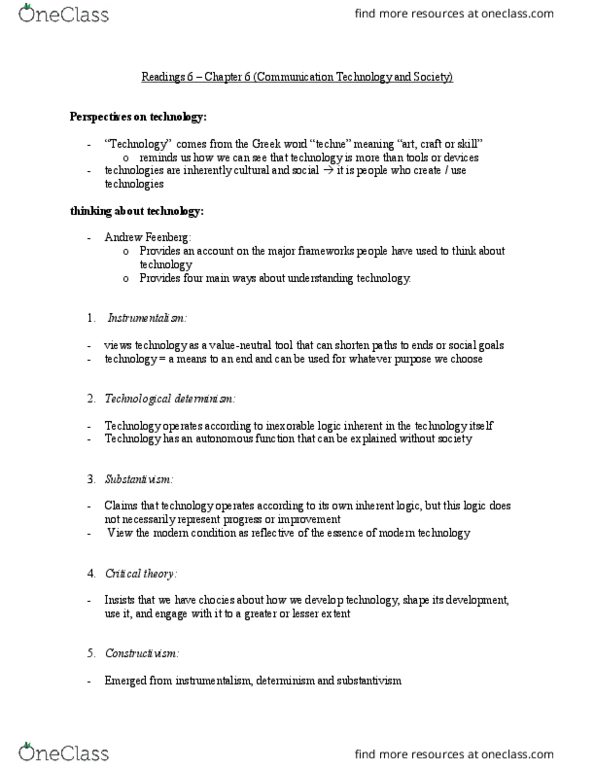 CMST 1A03 Chapter Notes - Chapter 6: Andrew Feenberg, Substantivism, Technological Determinism thumbnail