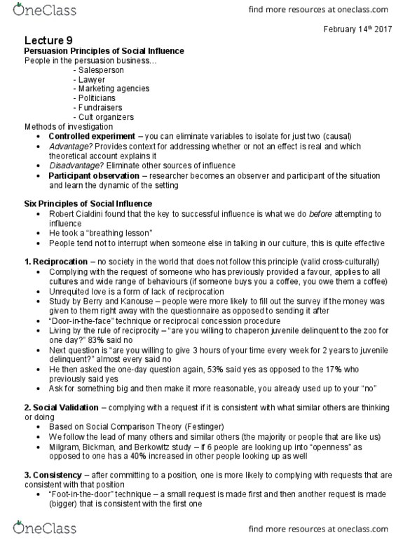 PSYC 2310 Lecture Notes - Lecture 10: Social Comparison Theory, Juvenile Delinquency, Robert Cialdini thumbnail