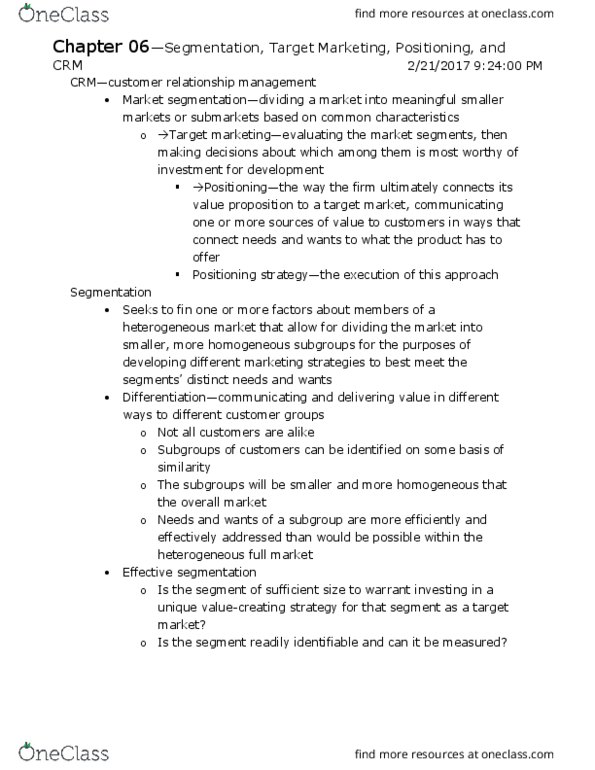 MARK20100 Chapter Notes - Chapter 6: Market Segmentation, Customer Relationship Management, Startup Company thumbnail