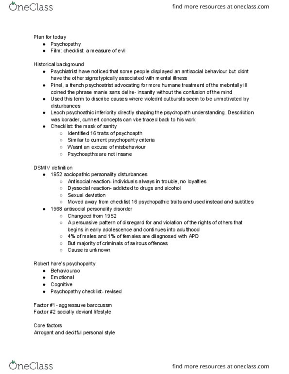 CRIM 103 Lecture Notes - Lecture 6: Psychopathy Checklist, Antisocial Personality Disorder, Psychopathy thumbnail