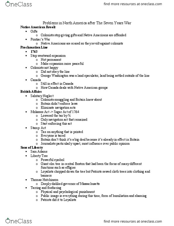 HIST 2300 Lecture Notes - Lecture 9: Molasses Act, Navigation Acts, Royal Proclamation Of 1763 thumbnail