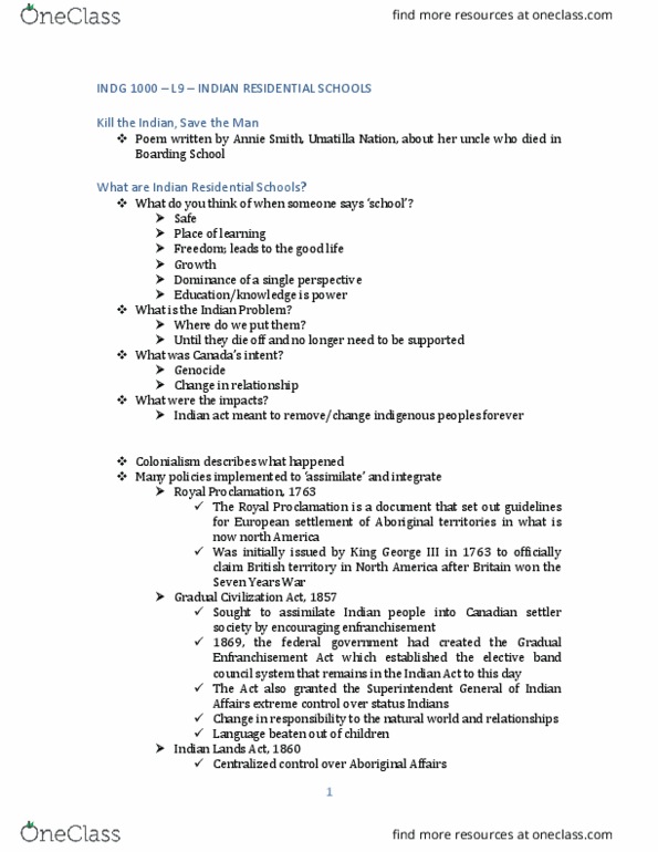 INDG 1000 Lecture Notes - Lecture 9: Nicholas Flood Davin, Gradual Civilization Act, Ndian thumbnail