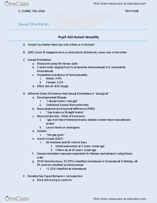 PSYCH 422 Lecture Notes - Lecture 7: Childhood Gender Nonconformity, Kinsey Scale, Preoptic Area thumbnail