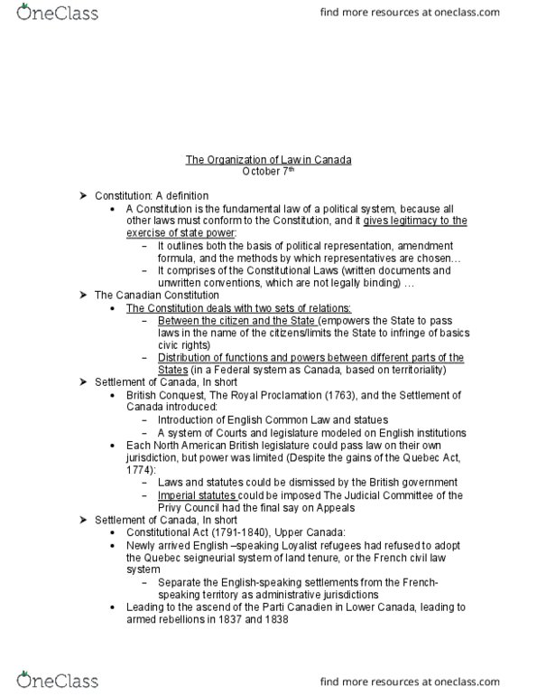 LAWS 1000 Lecture Notes - Lecture 10: Canada Act 1982, Constitution Act, 1982, English Law thumbnail