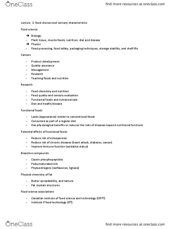 FND 100 Lecture Notes - Lecture 1: Sensory Analysis, Nutraceutical, Food Chemistry thumbnail