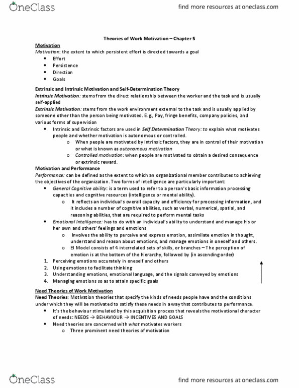 Management and Organizational Studies 2181A/B Chapter Notes - Chapter ch. 5: Motivation, Work Motivation, Goal Setting thumbnail