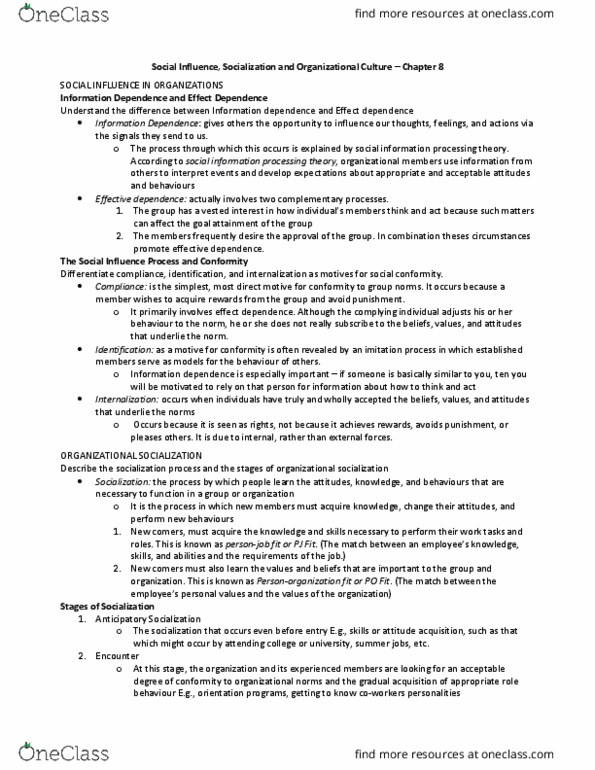 Management and Organizational Studies 2181A/B Chapter Notes - Chapter Ch. 8: Onboarding, Social Influence, Organizational Culture thumbnail