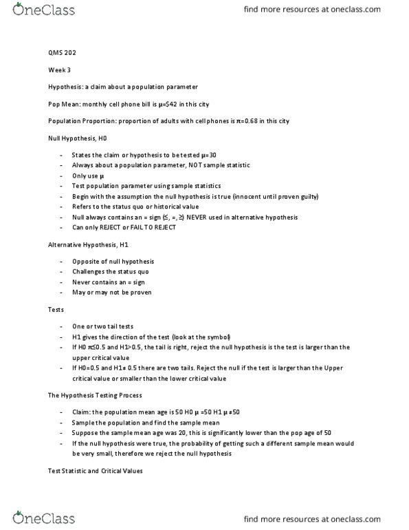 QMS 202 Lecture Notes - Lecture 3: Type I And Type Ii Errors, Null Hypothesis, Statistic thumbnail