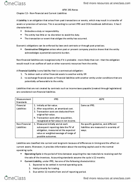 AFM391 Chapter Notes - Chapter 13: Interest Bearing Note, Current Liability, Accounts Payable thumbnail