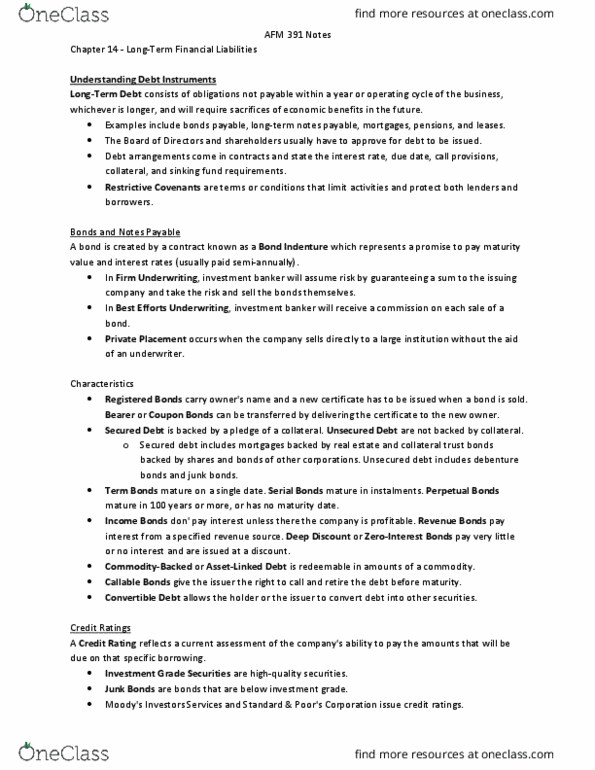 AFM391 Chapter Notes - Chapter 14: Effective Interest Rate, Unsecured Debt, Premium Bond thumbnail