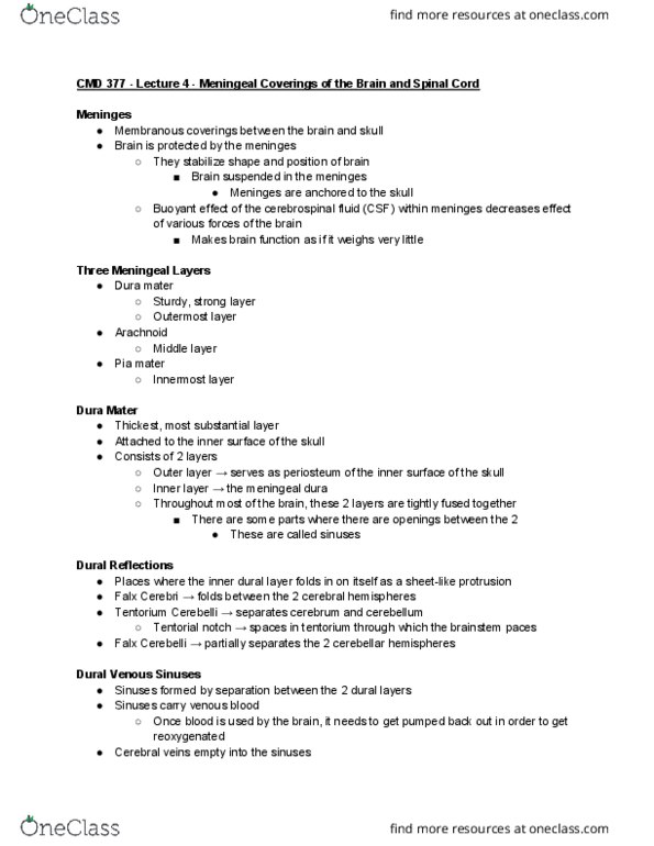 CMD 377 Lecture Notes - Lecture 4: Tentorium Cerebelli, Falx Cerebri, Superior Sagittal Sinus thumbnail