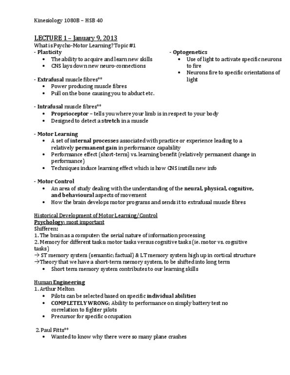 Kinesiology 1080A/B Lecture Notes - Vise, Mild Cognitive Impairment, Muscle Spindle thumbnail