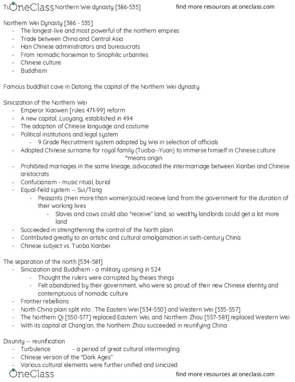 HIST-0040 Lecture Notes - Lecture 20: North China Plain, Tuoba, Yuezhi thumbnail