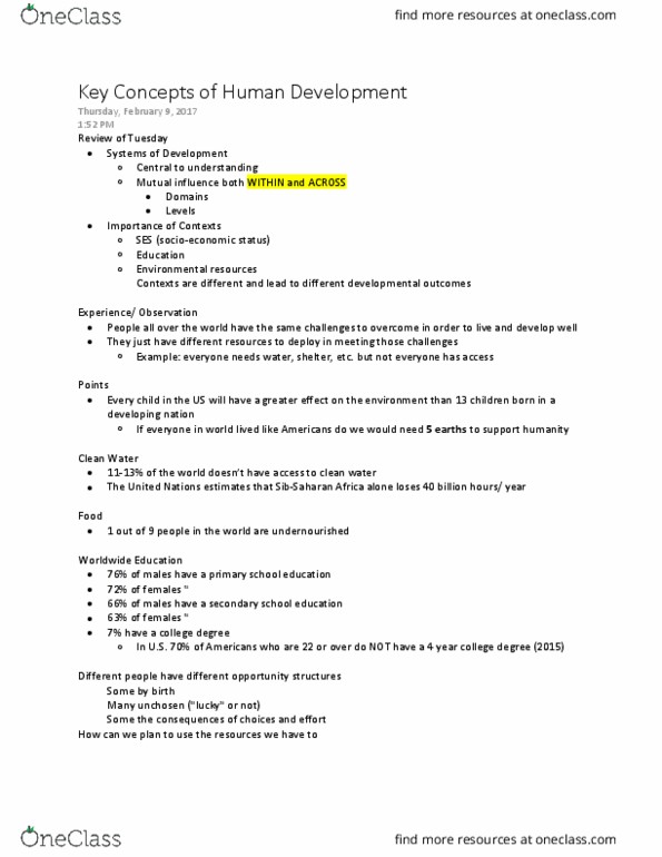 HDFS201 Lecture Notes - Lecture 1: Developing Country, Embeddedness, Paul Baltes thumbnail