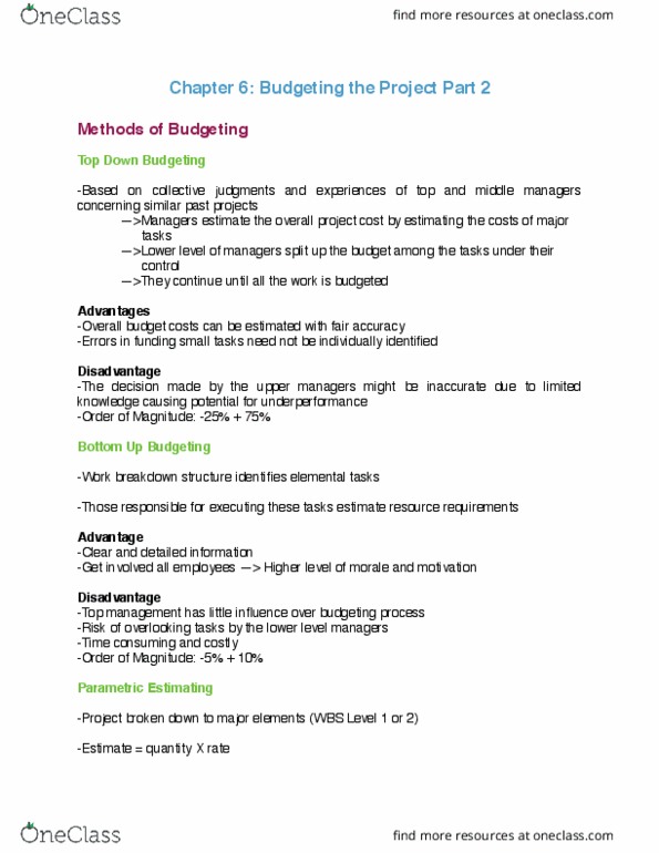 GMS 450 Chapter Notes - Chapter 6: Earned Value Management, Work Breakdown Structure, Estimation Theory thumbnail