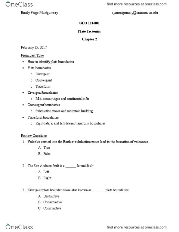 GEO 101 Lecture Notes - Lecture 13: Bathymetry, San Andreas Fault, Continental Crust thumbnail