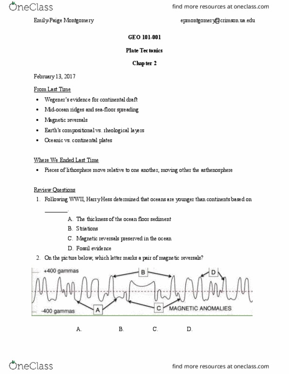 GEO 101 Lecture Notes - Lecture 12: Asthenosphere, Plate Tectonics, Seafloor Spreading thumbnail