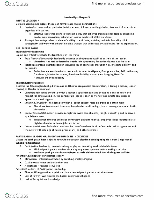 Management and Organizational Studies 2181A/B Chapter Notes - Chapter Ch. 9 : Job Satisfaction, Positive Form, Transactional Leadership thumbnail