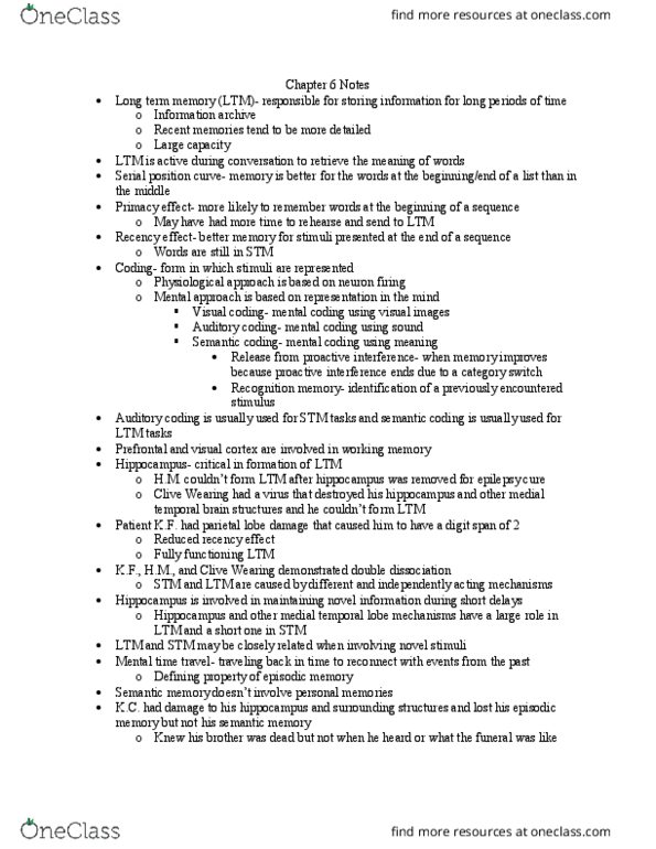 PSYC 301L Chapter Notes - Chapter 6: Autobiographical Memory, Visual Cortex, Encephalitis thumbnail