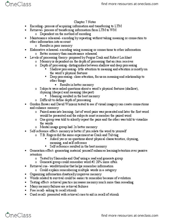 PSYC 301L Chapter Notes - Chapter 7: Endel Tulving, Posttraumatic Stress Disorder, Long-Term Potentiation thumbnail