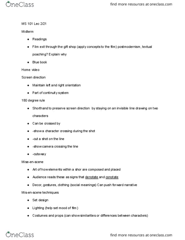 MEDIAST 101 Lecture Notes - Lecture 8: 180-Degree Rule thumbnail